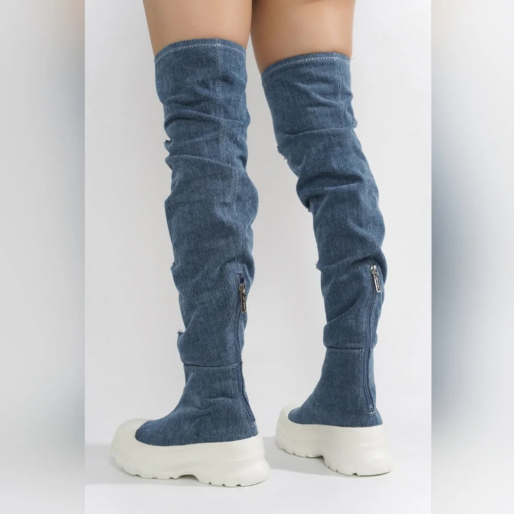 Cape Robbin Distressed Denim Blue Over-the-Knee Sock Boots with White Platform